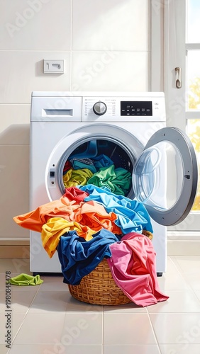 A washing machine with colorful clothes spilling out