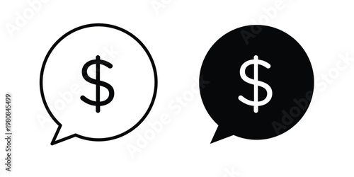 Comment dollar icon set vector symbol in black filled and stroke style
