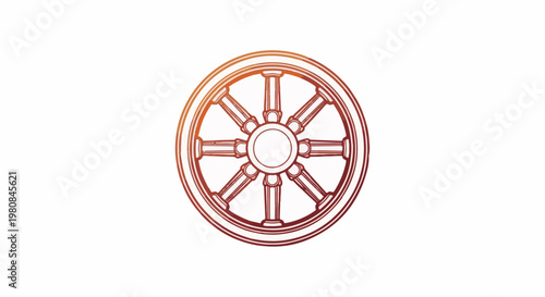 A stylized outline of a Dharma wheel with orange and red gradient