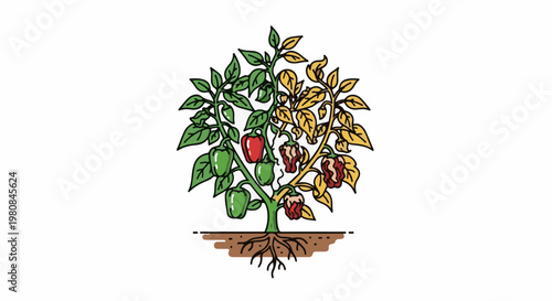 A stylized plant displays green and yellow leaves with ripening and decaying peppers