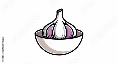 A stylized illustration of a single garlic bulb in a white bowl