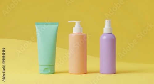 Colorful cosmetic product bottles arranged together.
