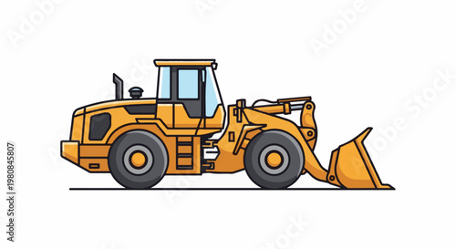 A stylized illustration of a yellow front-end loader with a large bucket and tires
