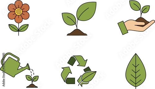 Collection of nature and growth icons including a flower plant sprouts hand holding soil watering can recycling symbol and leaf representing ecology and sustainability