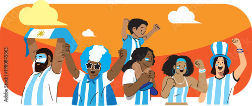 Group of Argentina Soccer Supporters Cheering in Stadium, Albiceleste Fans Crowd Vector