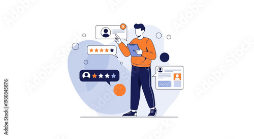 Man evaluating customer feedback and user reviews with star ratings