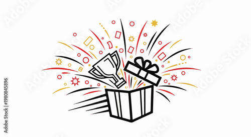 A trophy bursts from an open gift box with a celebratory burst of confetti