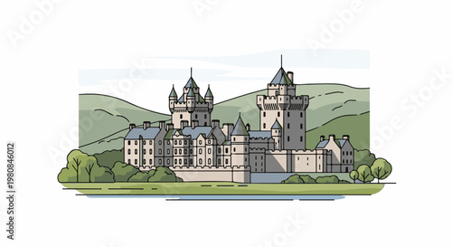 A stylized castle stands against rolling green hills, beside a calm body of water