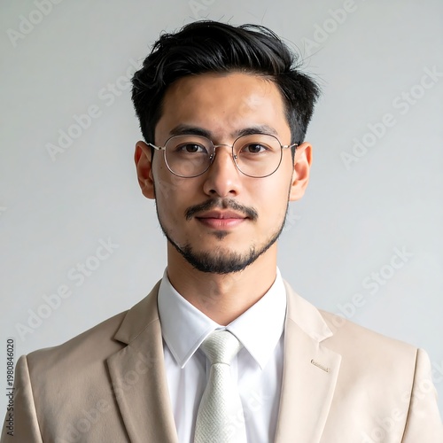 A young Asian man in a beige suit and glasses