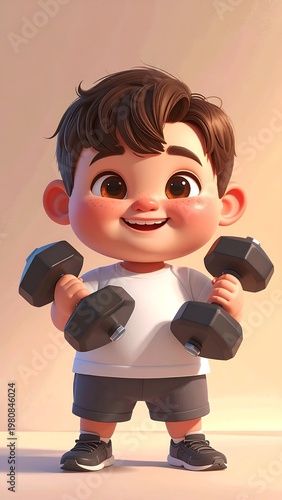 A young boy lifting dumbbells with a cheerful expression (1)