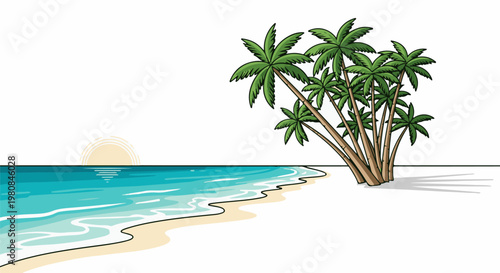 A tropical beach scene at sunrise with palm trees and gentle waves