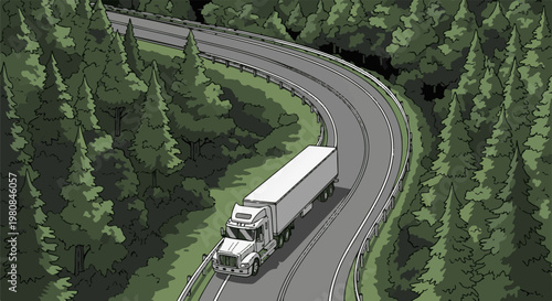 A truck travels along a winding highway through a dense forest