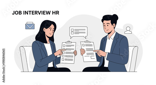 Job Interview HR: Candidate and Recruiter Discussing Resume and Checklist