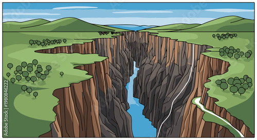 A vast canyon carved by a river, surrounded by rolling hills