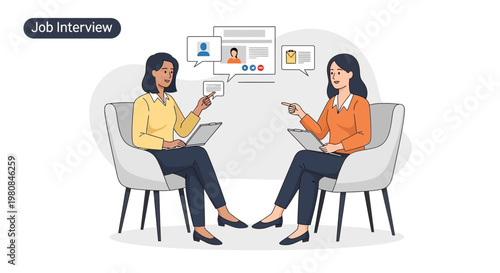 Job Interview Illustration: Two Women Discussing Candidates and Resumes