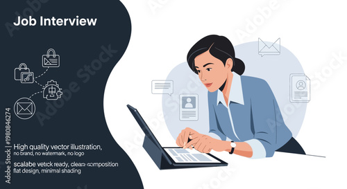 Job Interview Online: Woman Applicant with Laptop, Professional Illustration