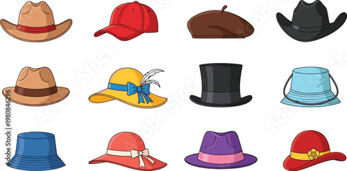 Collection of different stylish hats including cowboy, cap, top hat and summer hats isolated on white background for fashion design