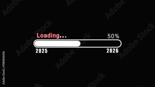Loading bar from 2025 to 2026 on black background. Suitable for technology concepts, future timeline progress, countdown visuals, and presentations.