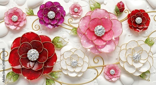 A beautiful arrangement of colorful flowers with sparkling centers on a white background
