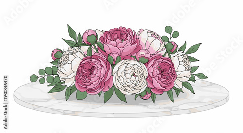 A vibrant arrangement of pink and white peonies with green foliage rests on a marble slab