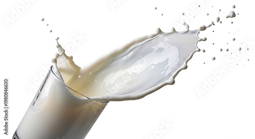 Milk splash from falling glass on white background fresh dairy product healthy organic beverage.