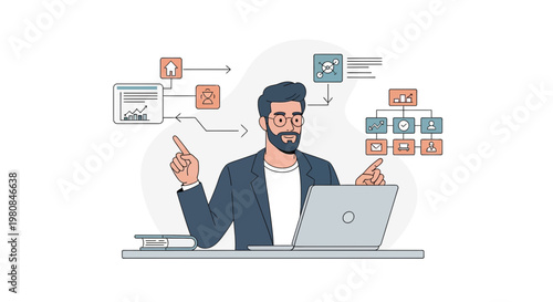 Man analyzing business data and organizational chart on laptop, strategy planning
