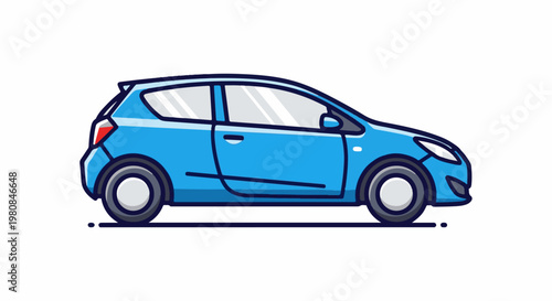A vibrant blue, cartoonish hatchback car is depicted in profile on a white background