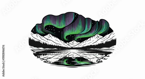 A stylized circular depiction of a winter landscape with aurora borealis