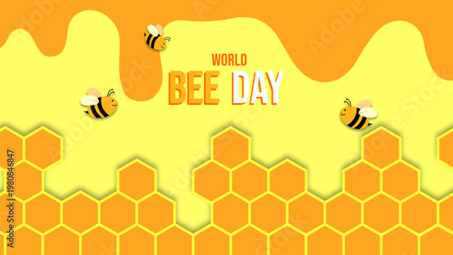 Flat illustration for World Bee Day celebration featuring honey bees and hexagonal honeycomb elements