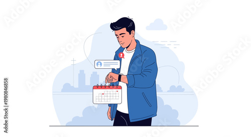 Man checking smartwatch with calendar and notification icons, modern lifestyle concept