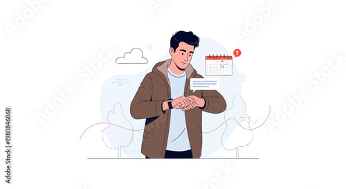 Man checking smartwatch with calendar notification, modern flat illustration