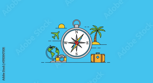 A travel illustration with a compass, globe, camera, plane, palm tree, and suitcase. This image depicts the concept of travel and adventure
