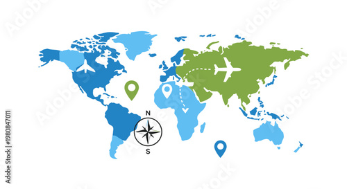 An illustration of a world map with highlighted routes, airplanes, and a compass