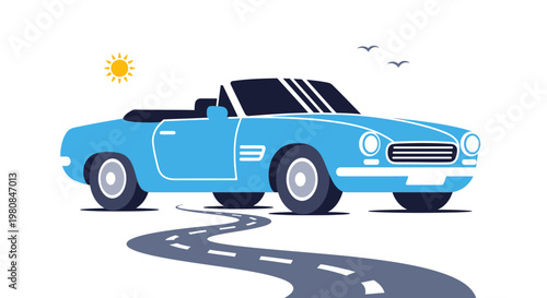 A vibrant blue convertible car driving on a winding road with a clear sky
