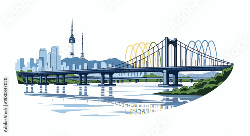 A stylized city skyline with prominent towers, crossed by a suspension bridge over a reflective river