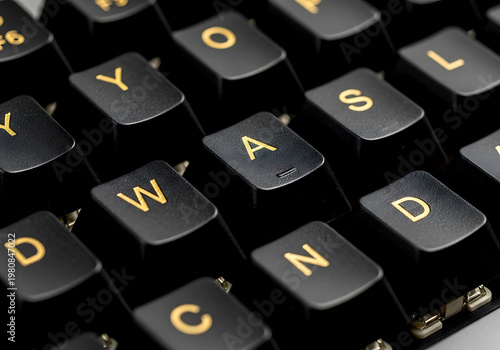 Close up view of a black computer gaming keyboard featuring the prominent wasd keys used for movement in various video games