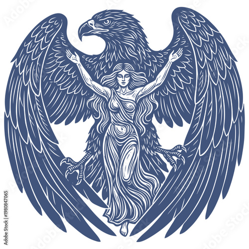 Mythic vector illustration of a majestic eagle spreading its wings behind a triumphant woman with raised arms, symbol of protection, power and spiritual rebirth.