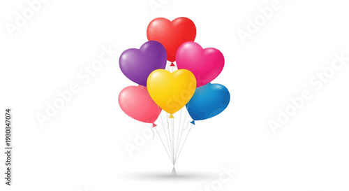 A bunch of heart-shaped balloons, each with vibrant colors. The balloons float together, symbolizing love, joy, and celebration