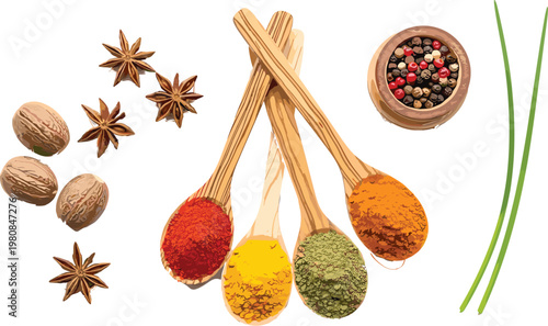 Colorful spice assortment with wooden spoons, star anise, nutmeg, and fresh herbs isolated on white background for culinary design