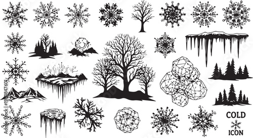 Winter Cold Weather Icons and Snowflakes Set