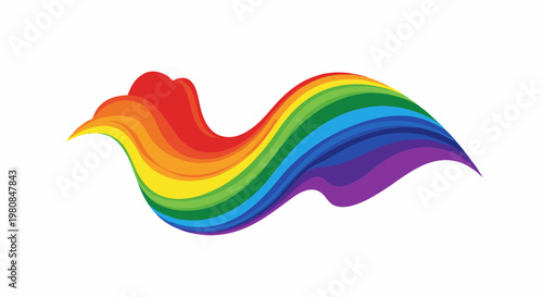 A vibrant, flowing ribbon of rainbow colors arcs across a white background