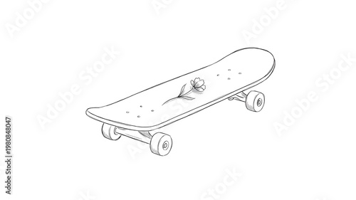 Minimalist Skateboard with Floral Design — Line Art Illustration