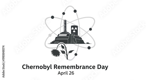 Chernobyl remembrance day graphic featuring a nuclear plant and orbiting electrons