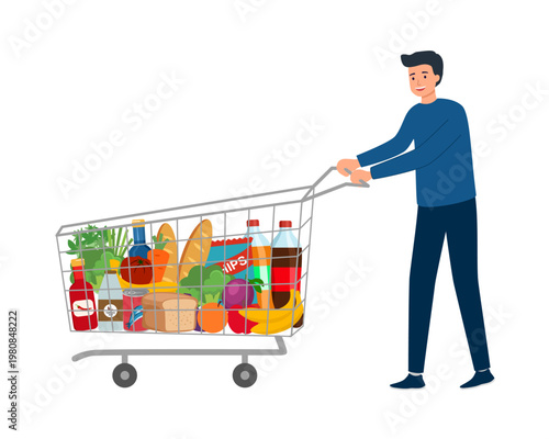 Man is carrying a grocery cart full of groceries in the supermarket vector illustration.