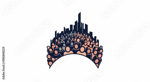 A stylized crowd of people beneath a city skyline