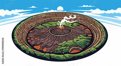 A stylized cross-section of an active volcano under a blue, cloudy sky