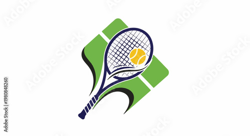 A tennis racket with a ball is superimposed on a stylized green court