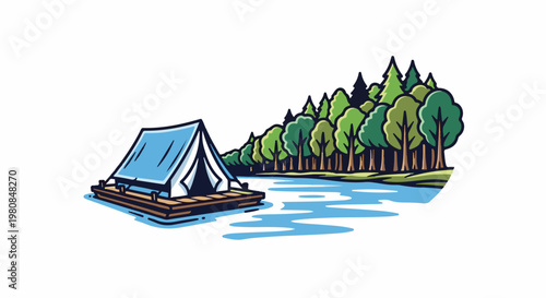 A tent is on a wooden raft in a blue river next to a lush forest