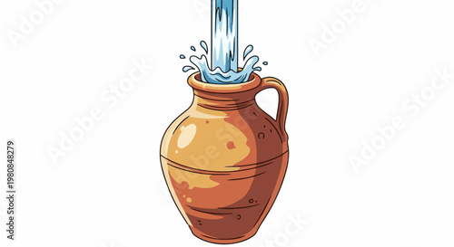 A terracotta jug is being filled with a stream of water