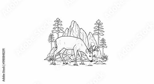 A stylized deer grazes in a rocky, mountainous forest landscape with tall trees